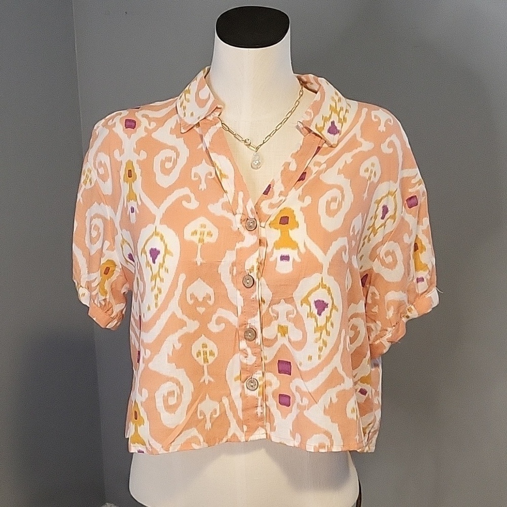 Christian Siriano Oversized Linen Rayon Short Sleeve Cropped Button Down Size S